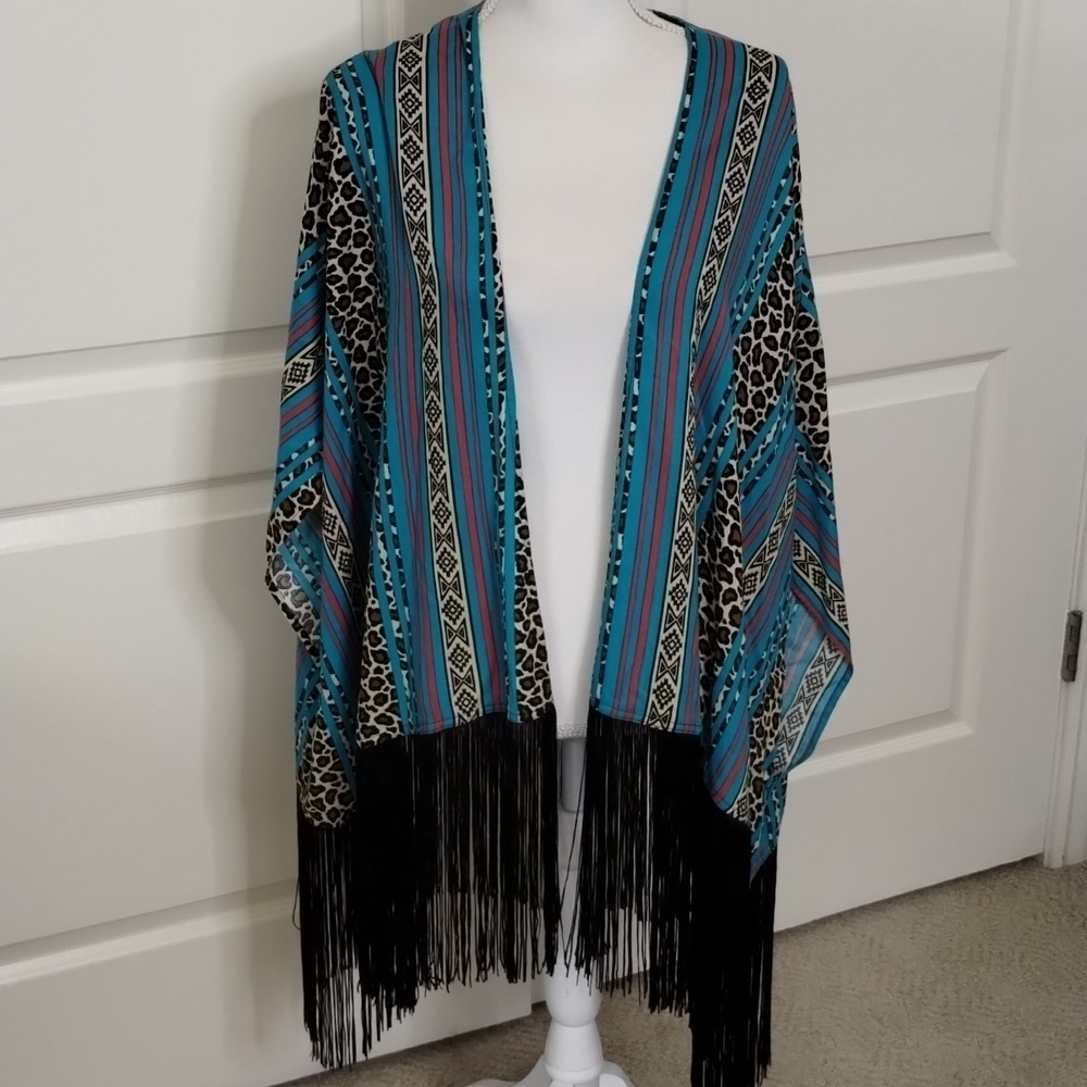 Roper Leopard stripe tribal Western print rayon poncho duster cardigan size XL